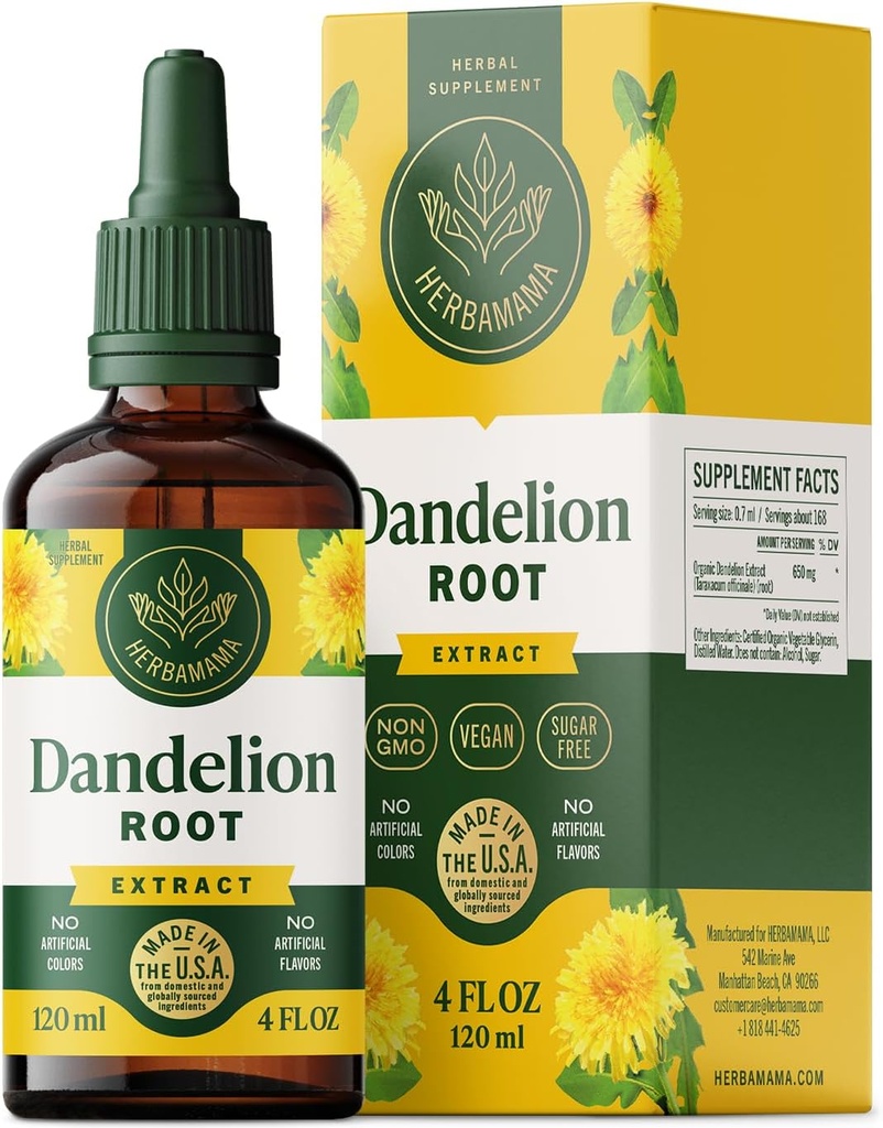 HERBAMAMA Dandelion Drops - Vegan Liver Cleanse με Dandelion Root Extract - Μη ΓΤΟ, Αλκοόλ & Χωρίς ζάχαρη Liquid Liver Supplement - 56-Day Supply