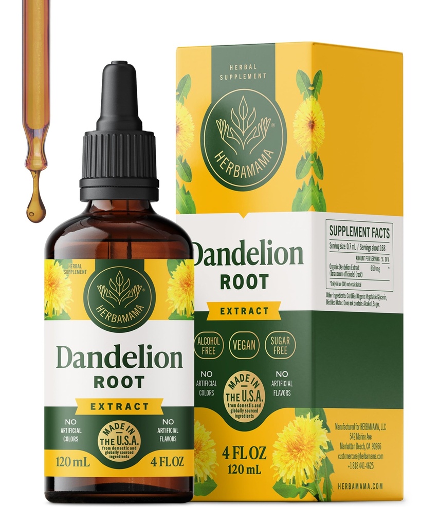 HERBAMAMA Dandelion Drops - Vegan Liver Dandelion Root Extract - Non-GMO, Alkol & Sugar-Free Liquid Liver Support Supplement - 56-Day Supply