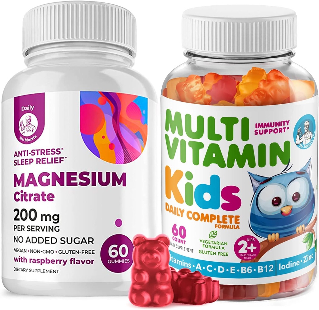 Kids Multivitamin Gummies 14 Essential Vitamins and Magnesium Gummies Sugar-Free - Daily Supplement Vitamin A,C,D,E Vegetarian B6&B12,Zinc,Biotin with Sugar-Free Magnesium Calm Chews for Kids&Adults