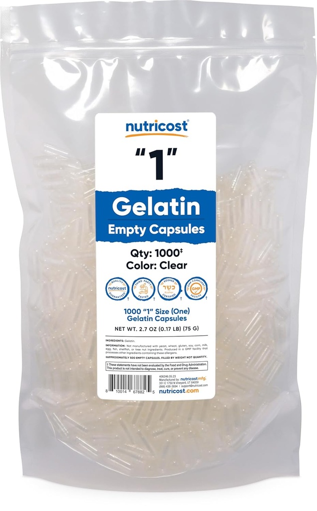 Nutricost Boş Kapsüller Gelatin Boyutu 1-1000 Clear Boş '1' Gel Capsules - Kosher, Non-GMO, Soy Free, Gluten Free