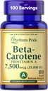 Puritan's Pride Beta Carotene Provitamin A 7,500mcg (25,000 IU), Vitamin Supplement for Immune System, Antioxidant and Eye Health Support, 100 Day Supply, 100 Rapid Release Softgels