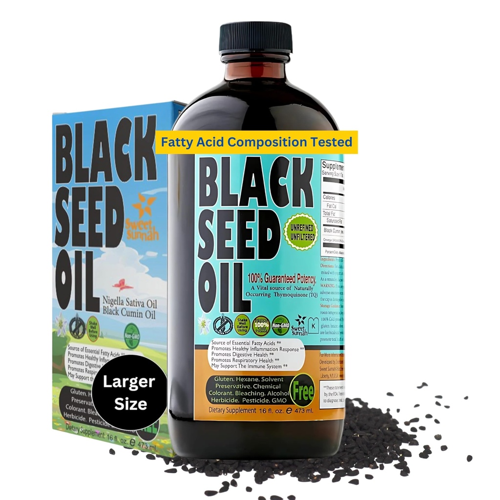 Premium Black Seed Oil Liquid 16 oz - Sugar Free 3 Moon Supply Antioksi Turkish Black Cumin Tohum Yağı - 3X Youmoquinone First Cold Press Vegan, Halal, Sweet Sunnah