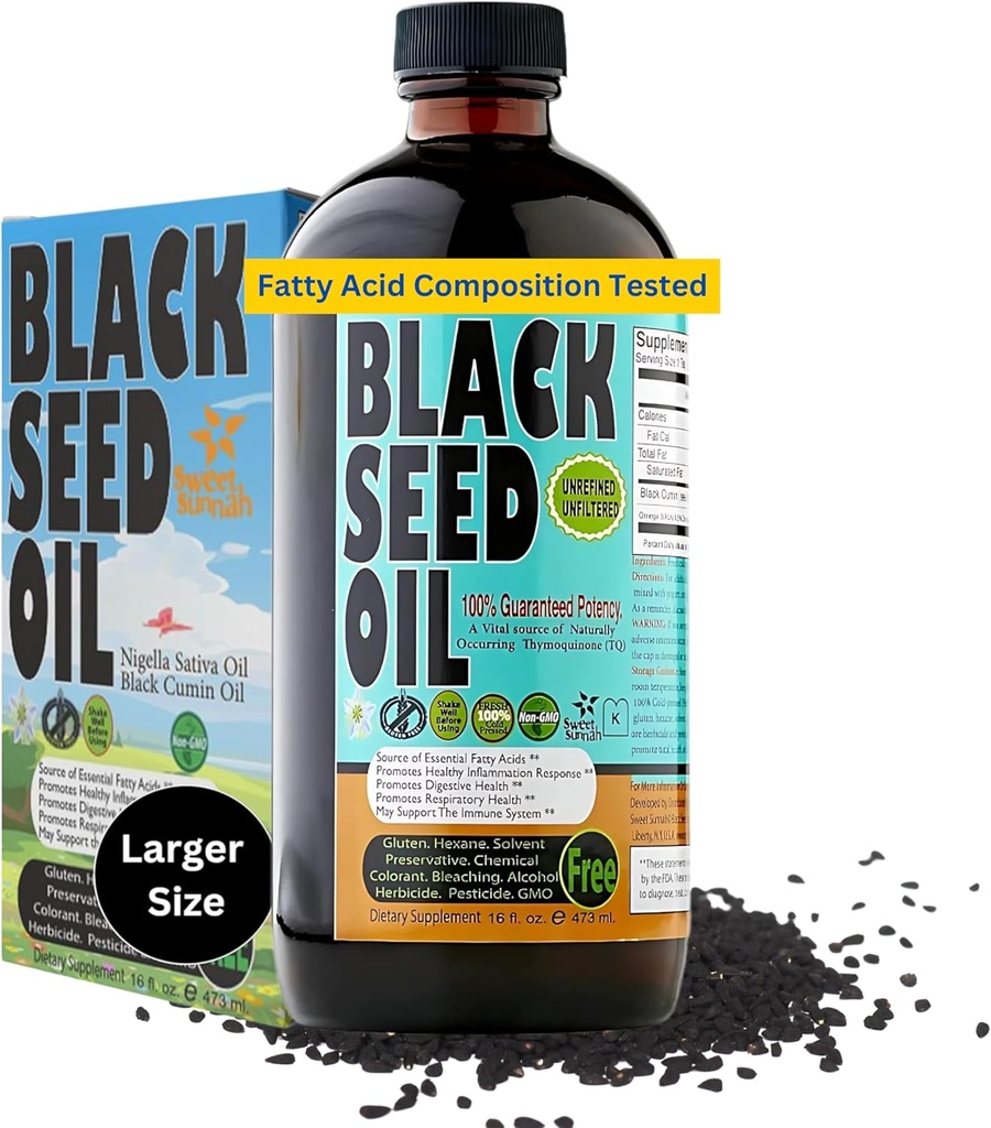 Premium Black Seed Oil Liquid 16 oz - Sugar Free 3 Moon Supply Antioksi Turkish Black Cumin Tohum Yağı - 3X Youmoquinone First Cold Press Vegan, Halal, Sweet Sunnah