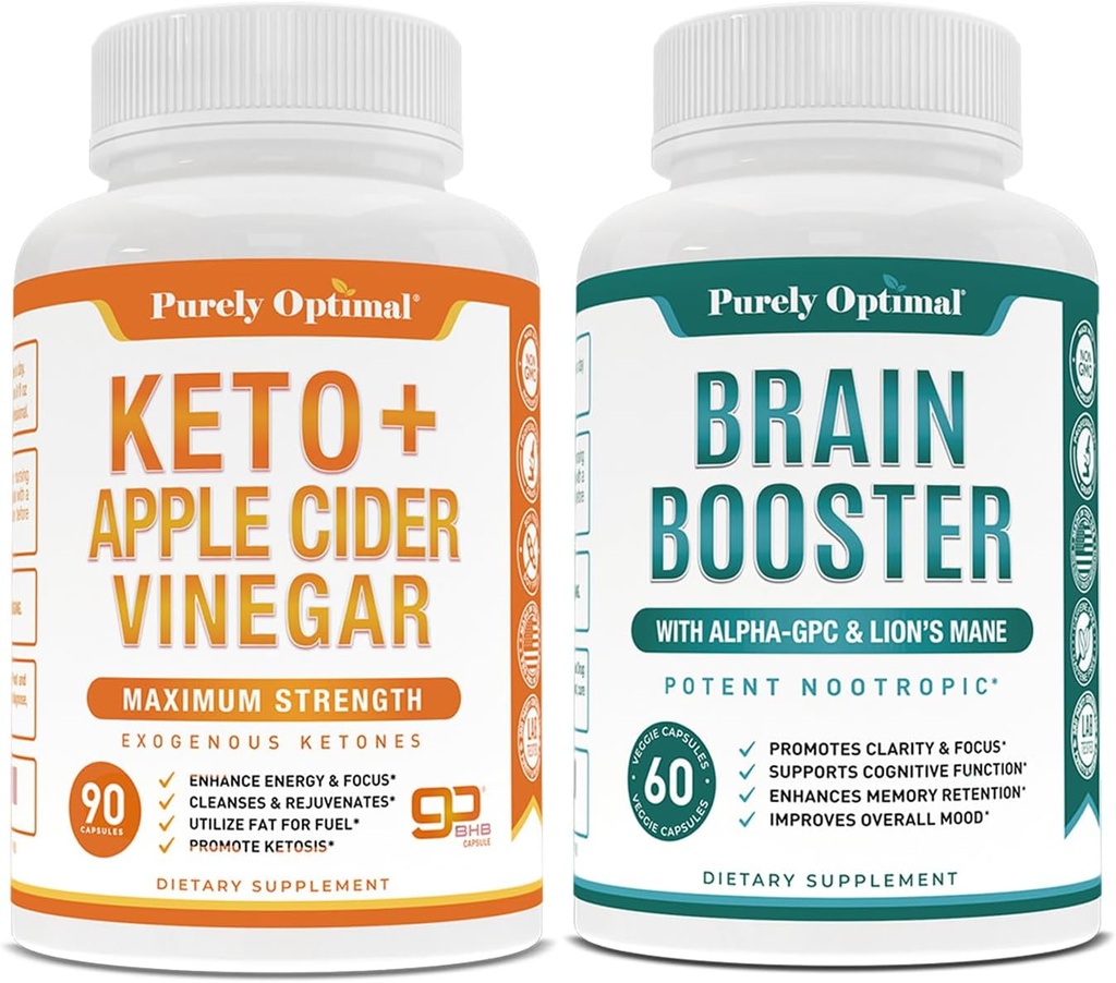Purely Optimal Premium Keto Pills + Apple Cider Vinegar Capsules with Mother + Premium Brain Supplement - Nootropic Brain ATM for Focus, Clarity, Improv Memory, Concentration & Better Mood