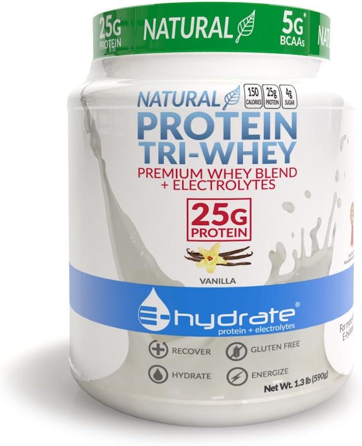 E-hidrat Tri-Whey Protein Toz Gluten Ücretsiz BCAA + Elektrolytes Hydrate Recover, Vanilla, 1.3lb Tub