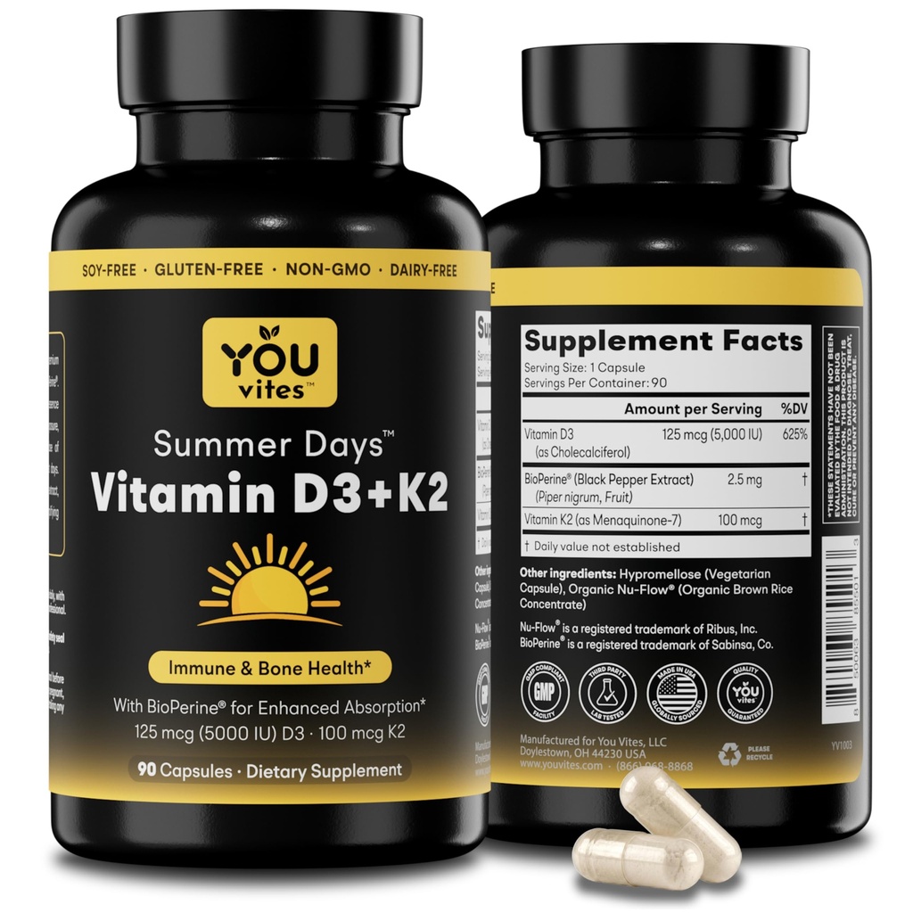 Βιταμίνη D3 + K2 - Μέγιστη Απορρόφηση, 5000 IU D3 & 100 mcg K2 MK-7 (Μενακινόνη-7) με BioPerine - Οστική, Καρδιά & Ανοσολογική Υποστήριξη - Μη ΓΤΟ, Χωρίς Γλουτένη, Χωρίς Σόγια - 90 Κάψουλες - Ημερήσια Συμπλήρωμα