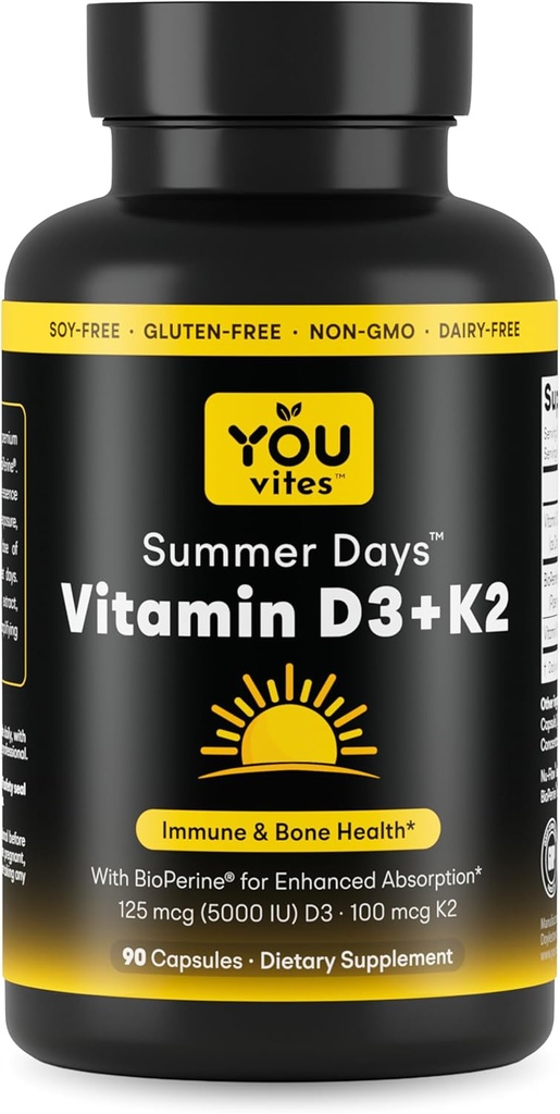 Βιταμίνη D3 + K2 - Μέγιστη Απορρόφηση, 5000 IU D3 & 100 mcg K2 MK-7 (Μενακινόνη-7) με BioPerine - Οστική, Καρδιά & Ανοσολογική Υποστήριξη - Μη ΓΤΟ, Χωρίς Γλουτένη, Χωρίς Σόγια - 90 Κάψουλες - Ημερήσια Συμπλήρωμα