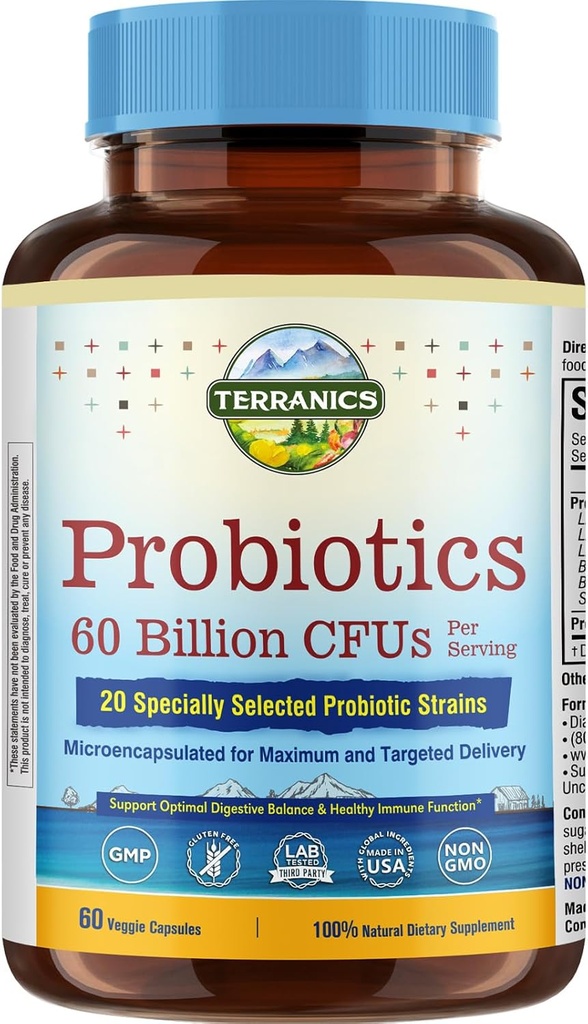 Terranics Probiyotiks 60 Milyar CFU, 20 Strains, 60 Veg Capsules, Prebiyotiks & Probiyotiks, Raf Stable Probiyotik Supplement for Men & Women, Digestive & Immune Health, Non-GMO, NO Soy, Süt & Gluten