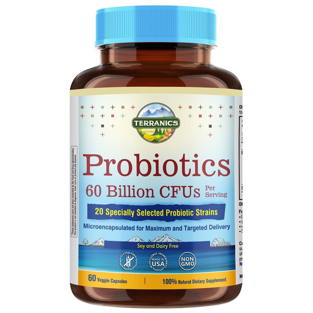 Terranics Probiyotiks 60 Milyar CFU, 20 Strains, 60 Veg Capsules, Prebiyotiks & Probiyotiks, Raf Stable Probiyotik Supplement for Men & Women, Digestive & Immune Health, Non-GMO, NO Soy, Süt & Gluten