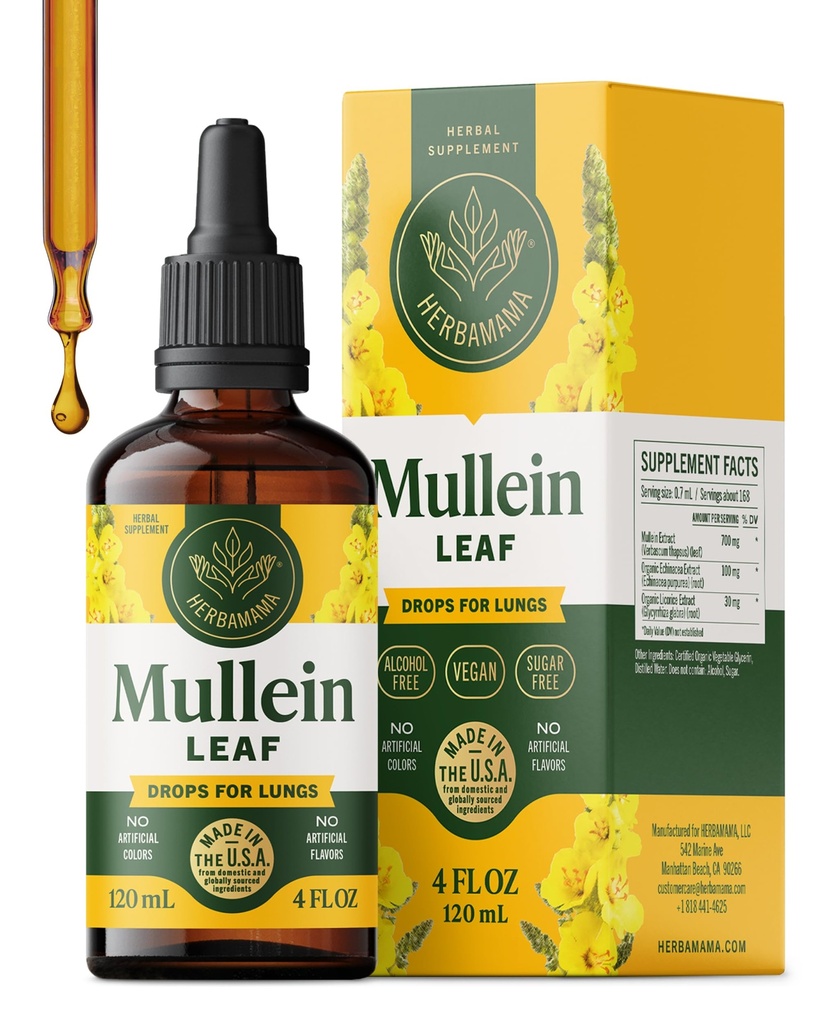 HERBAMAMA Mullein Drops for Lungs - Vegan Lung Cleanse with Mullein Leaf Extract, Echinacea Tincture & Licorice - Μη ΓΤΟ, Αλκοόλ & Χωρίς ζάχαρη Συμπλήρωμα αναπνευστικής υποστήριξης - 56-Ημέρα προσφοράς