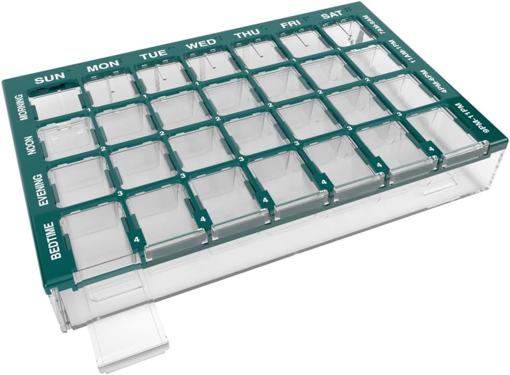 EZY DOSE Pill Organizer Weekly (7-Day), Medicine Planner, Βιταμίνη Υπόθεση / Κουτί, Μεσαία Διαμερίσματα με Εύκολη Fill Tray, 4 φορές την ημέρα, Εύκολο στη χρήση Δοχεία, Καθαρές Λίδες, Πράσινο, BPA Δωρεάν