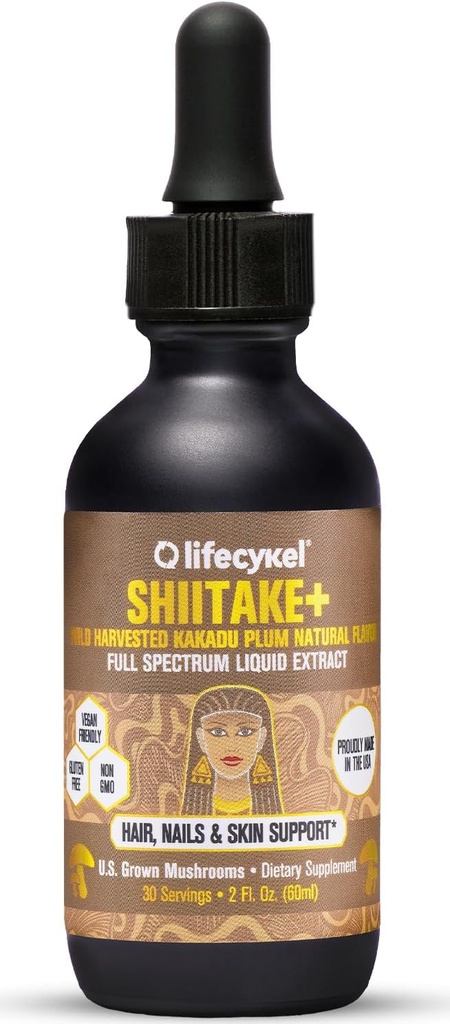 Lifecykel - Shiitake Mushroom Extract with Kakadu Plant- Hair, Skin & Nail Support, Anti Aging Supplement- 100% Organik Mushrooms, Immune Boosting, C Made in the US- 2 Fl oz (Packating Vary)