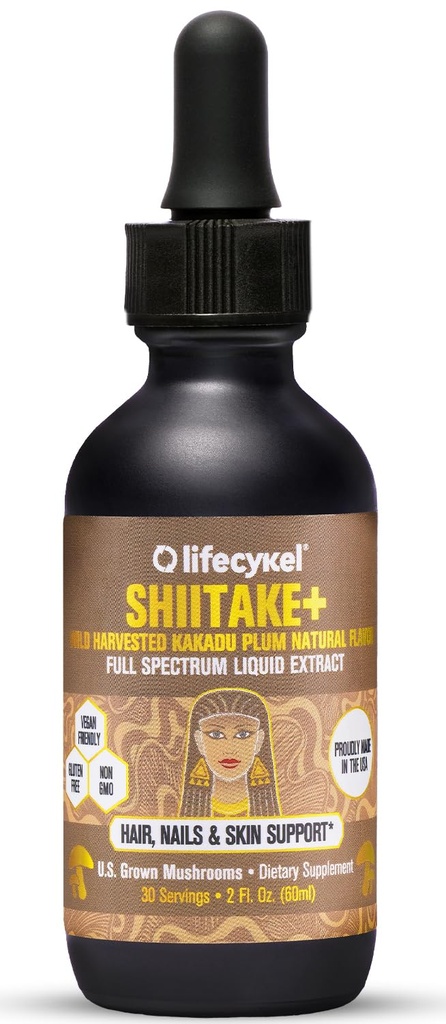 Lifecykel - Shiitake Mushroom Extract with Kakadu Plant- Hair, Skin & Nail Support, Anti Aging Supplement- 100% Organik Mushrooms, Immune Boosting, C Made in the US- 2 Fl oz (Packating Vary)