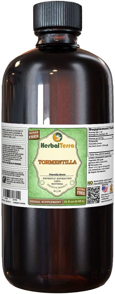 Tormentilla (Potentilla erecta) Glycerite, Dried Roots Alcohol-Free Liquid Extract (Brand Name: HerbalTerra, Proudly Made in USA) 32 fl.oz (0.95 l)