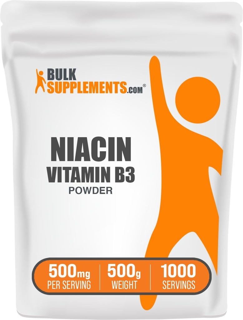 BulkSupplements.com Niacin Powder - Vitamin B3 Supplement, Niacin 500mg - Niacin Flush, Niacin with Flushing - Gluten Free, 500mg Niacin per Service, 500g (1.1 lbs) (Pack of 1)