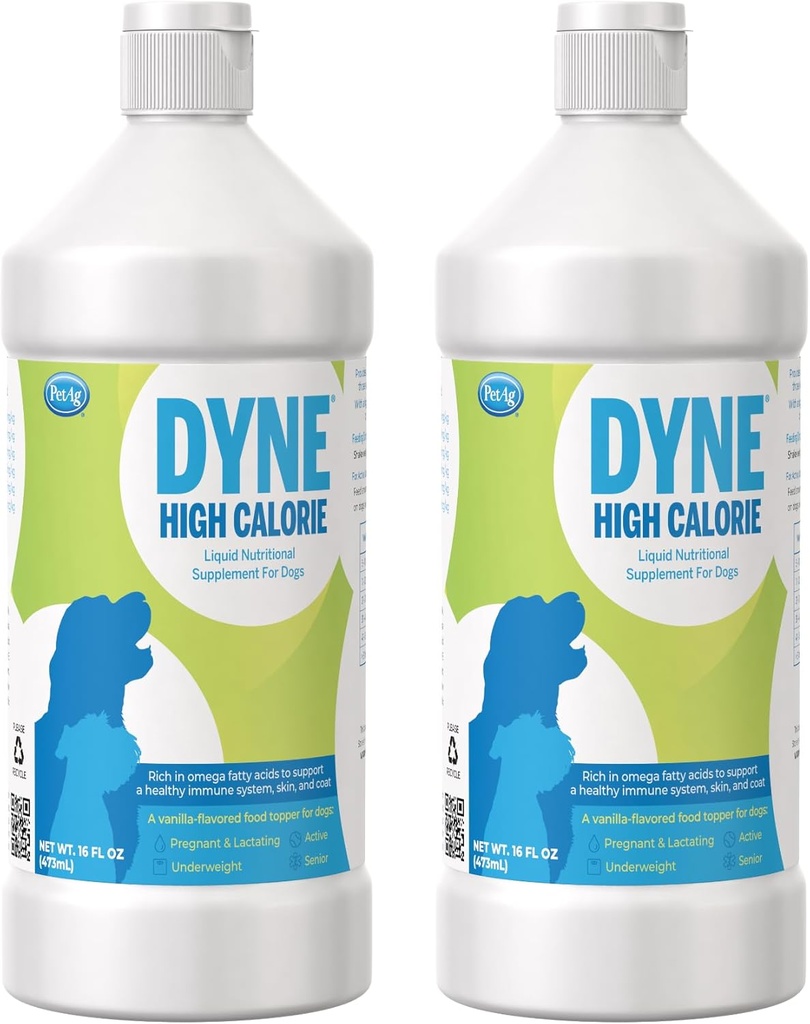 PetAg Dyne High Calorie Liquid Nutritional Supplement for Dogs & Puppies 8 Εβδομάδες και Ηλικιωμένοι - 16 oz, πακέτο των 2 - Υποστηρίζει την απόδοση και την αντοχή - γλυκιά βανίλια γεύση