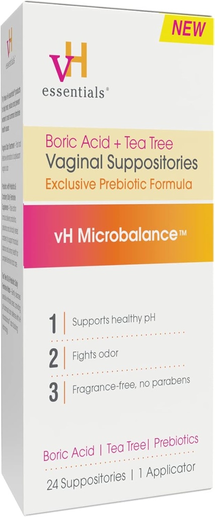 vH temelleri Boric Acid ve Tea Tree Vaginal Suppositories - Lactic Acid ile Prebiyotikler - PH Balance, Odor Control, Feminine Care - 24 Suppositories ve Applicator, White, 2.4 Ounces