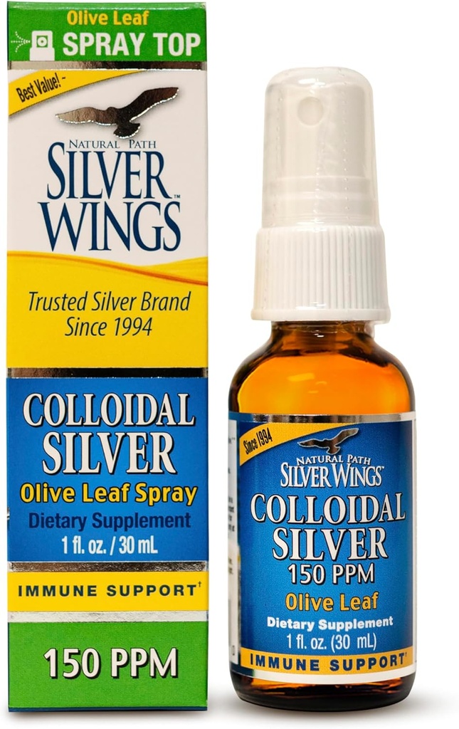 Doğal Pat Silver Wings Colloidal Silver 150ppm (750mcg) w/Olive Leaf - Immune Support Supplement - 1oz Sprey