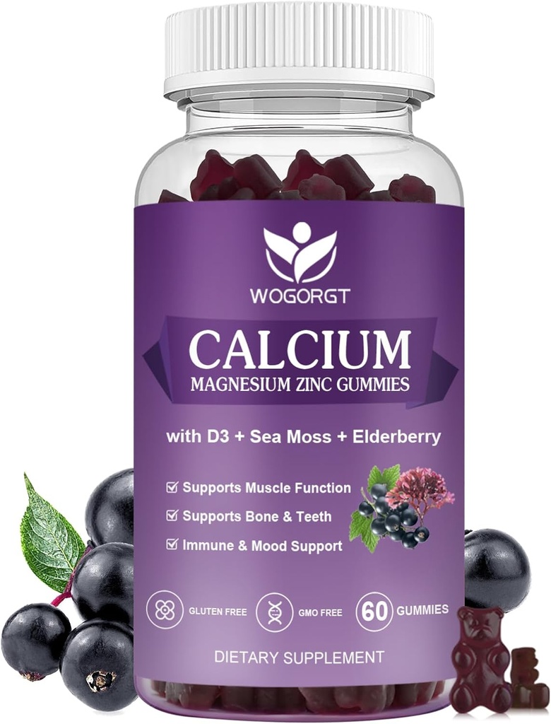 WOGORGTdis Magnezyum çinko Gummies with Vitamin D3 - High Abxia Complexuba Supplement with Sea Moss, Elderberry for Bone, Muscles, Immune, Mood & Sleep Support, Vegan - 60 Gummies