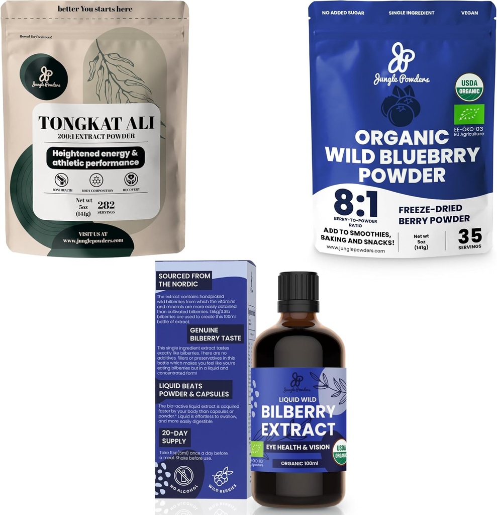 Jungle Powders Ultimate Men's Health & Wellness Bundle: 5oz Tongkat Ali Powder, 5oz Wild Blueberry Powder & 3.4oz Organic Bilberry Liquid Extract - Premium Supplements for Drive, Passion, Eyesight