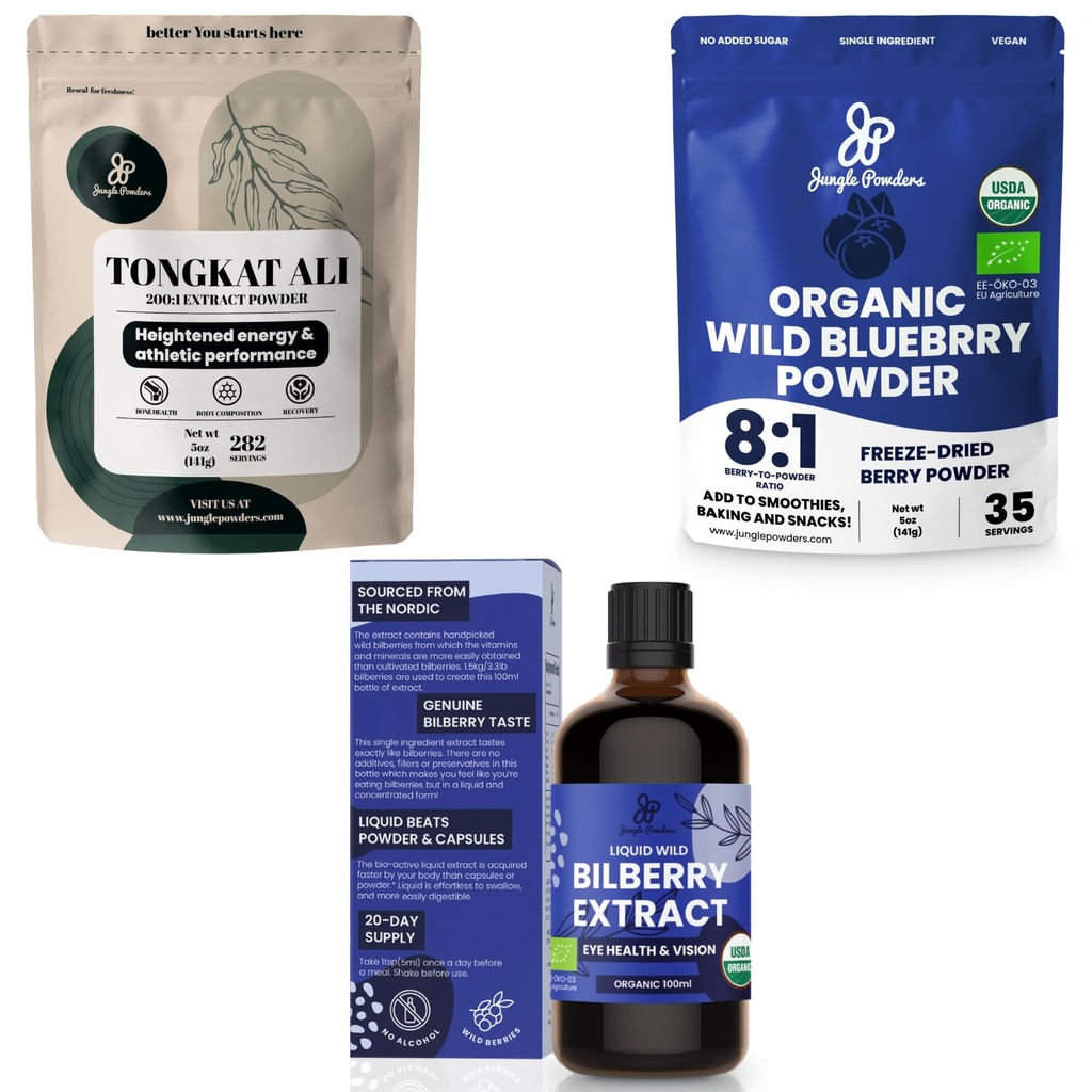 Orman Tozları Ultimate Men's Health & Wellness (1994): 5oz Tongkat Ali Toz, 5oz Wild Blueberry Toz & 3.4oz Organik Bilberry Sıvı Tür - Drive için Premium Supplements, Passion, Eyesight