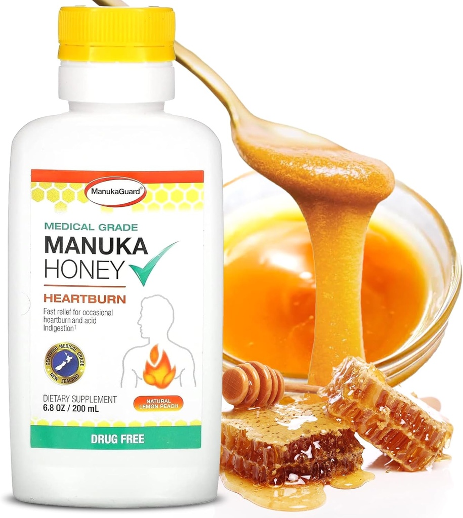 ManukaGuard Heartburn Nutralizer, Medical Grade Manuka Honey 6.8oz - Immediate Heart Burn and Acid Indigestion Relief. Uyuşturucu Özgür Antacid Alternatif