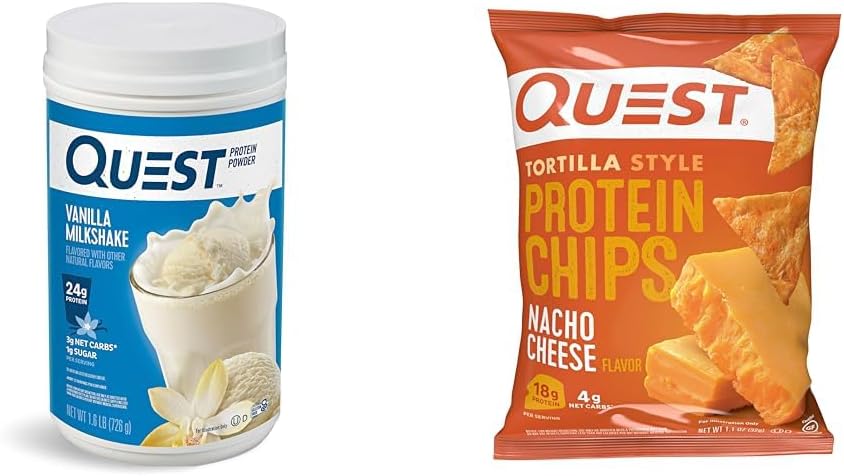 Quest Vanilla Milkshake Protein Powder, 24g Protein, 1.6lb + Quest Nacho Cheese Tortilla Style Protein Chips, 18g Protein, Συσκευασία των 12