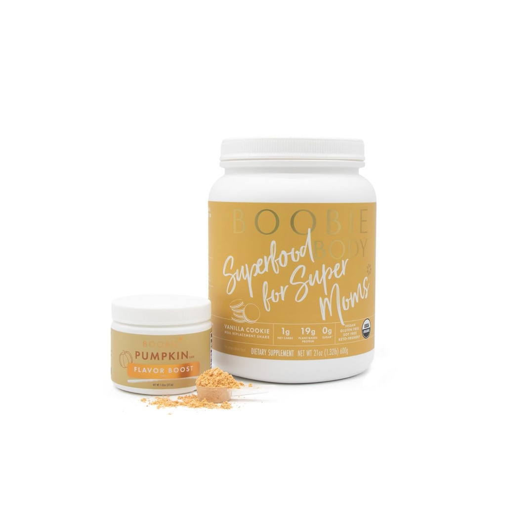 Boobie Body Superfood Protein Shake with Flavor Boost Bundle - Κόνις πρωτεΐνης εγκυμοσύνης για την υποστήριξη της γαλουχίας, το μεταβολισμό και την ενέργεια (21oz Vanilla Cookie Protein Tub, 1.32oz Pumpkin Flavor Boost)