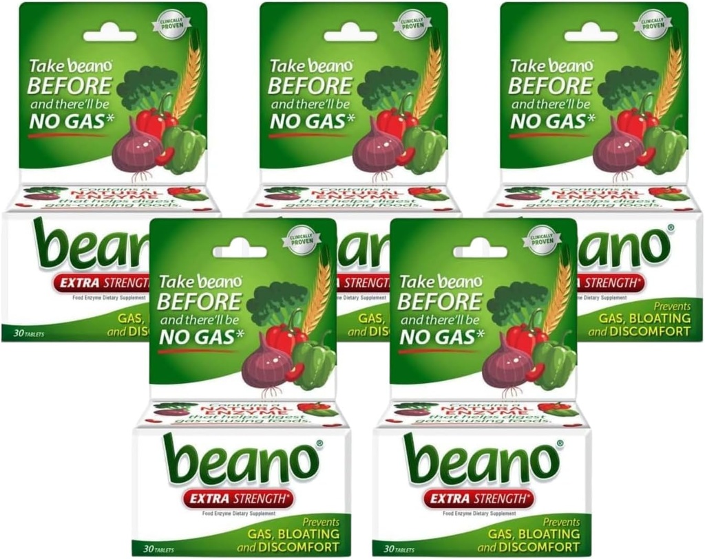 Beano Extra Strength, Πρόληψη Αερίου & Συμπλήρωμα Ενζύμου Digestive, 30 Count (Pack of 5)