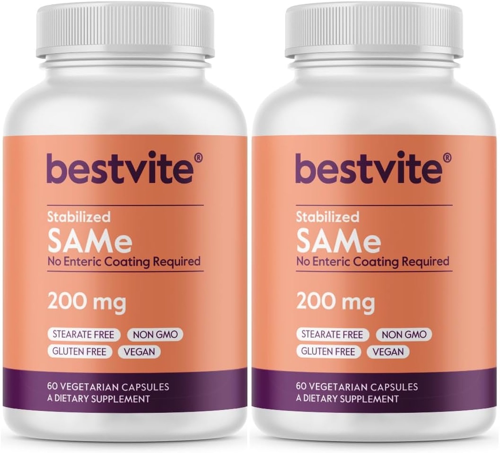 BESTVITE SAM-e 200 mg Stabilized (120 Vegetarian Capsules) (60 x 2) - Sw Capsule Form'a Kolay - No Stearates - No Fillers - Vegan - Non GMO - Gluten Free