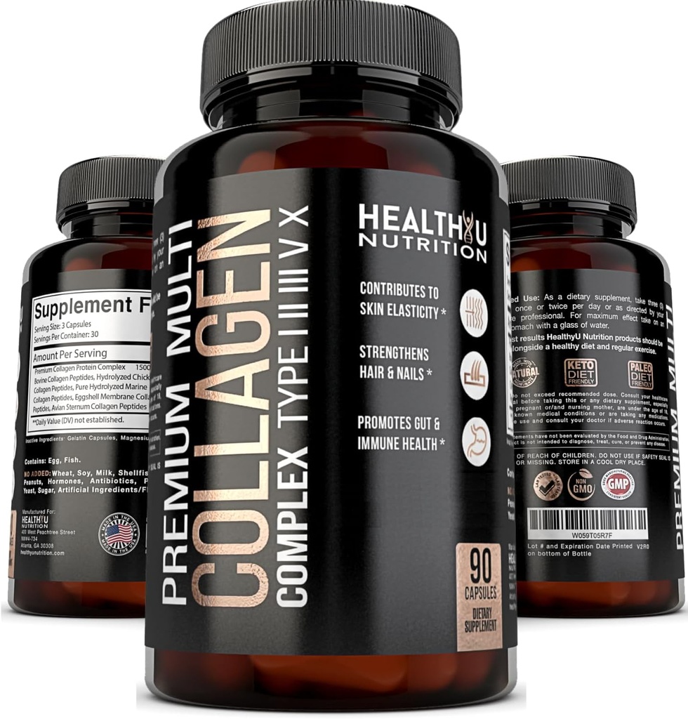 Premium Multi Collagen Hidro Pills - Erkekler ve Kadınlar için Hydrolyzed Collagen Capsules 1 2 3 5 10 - Erkekler için Collagen Supplements - Colageno Hidrolizado Pastillas Para Hombre Mujer 90 caps