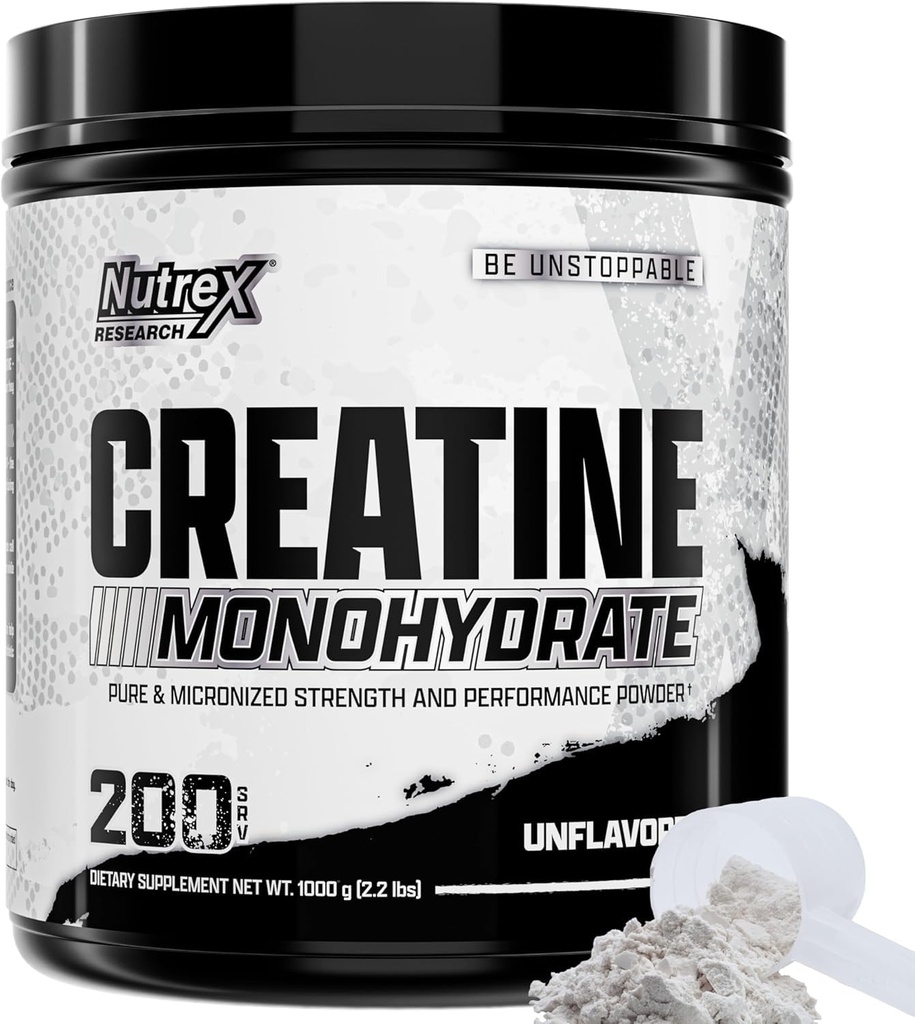 Nutrex Research Micronized Creatine Monohydrate Powder - 200 Servings (1KG) Καθαρή, χωρίς άρωμα Creatine Monohydrate Supplement for Muscle Gain, Strength and Performance, 5G Per Serv (2,2lbs)