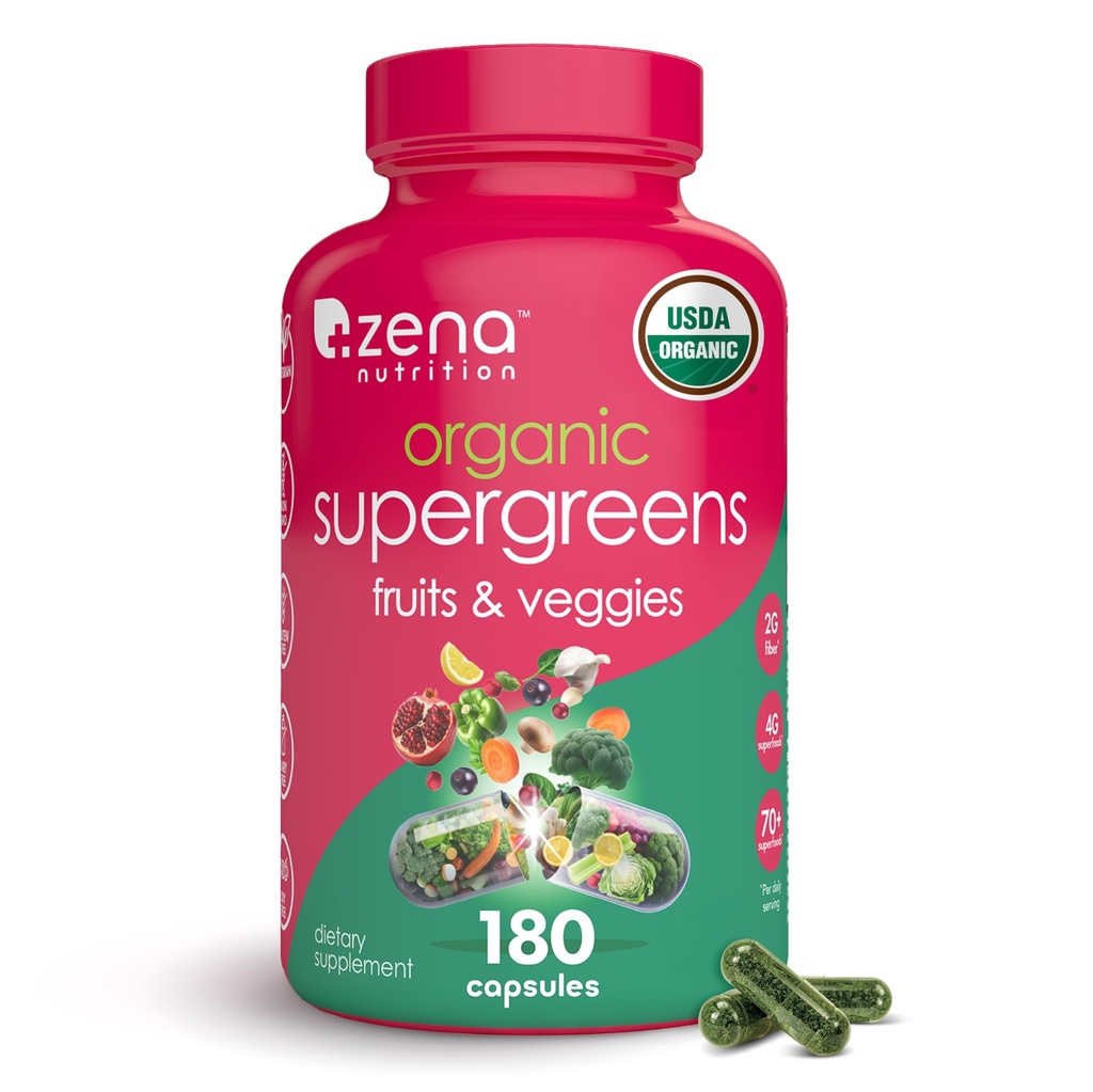 Zena Beslenme Organik Süper Yeşiller Meyve & Veggies Supplement, 70+ Meyve ve Sebzelerden Superfoods, 3g Fiber, Spirulina, Chlorella, Prebiyotiks & Probiyotiks, Digestive Enzymes, 180 Capsules