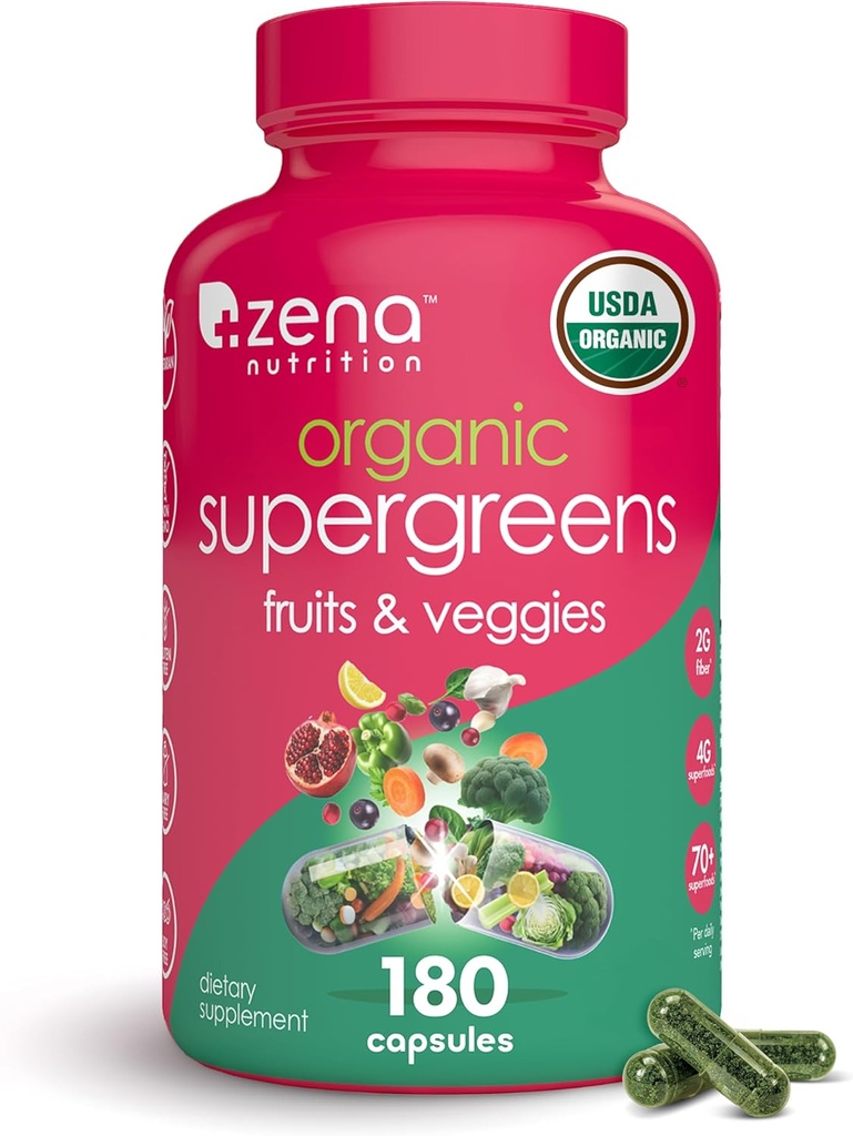 Zena Nutrition Organic Super Greens Fruit & Veggies Supplement, 70+ Superfoods from Fruit & Vegetables, 3g Fiber, Spirulina, Chlorella, Prebiotics & Probiotics, Digestive Enzymes, 180 Capsules