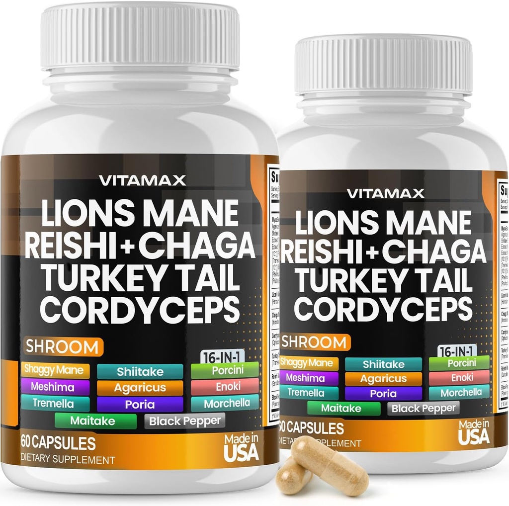 Vitamax Lions Mane Mushroom, Türkiye Tail, Chaga & Reishi, Cordyceps Shiitake White Elm King Trumpet Nameko Oyster Porcini Focus & Energy - Made in USA