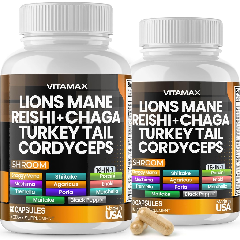 Vitamax Lions Mane Mushroom, Türkiye Tail, Chaga & Reishi, Cordyceps Shiitake White Elm King Trumpet Nameko Oyster Porcini Focus & Energy - Made in USA