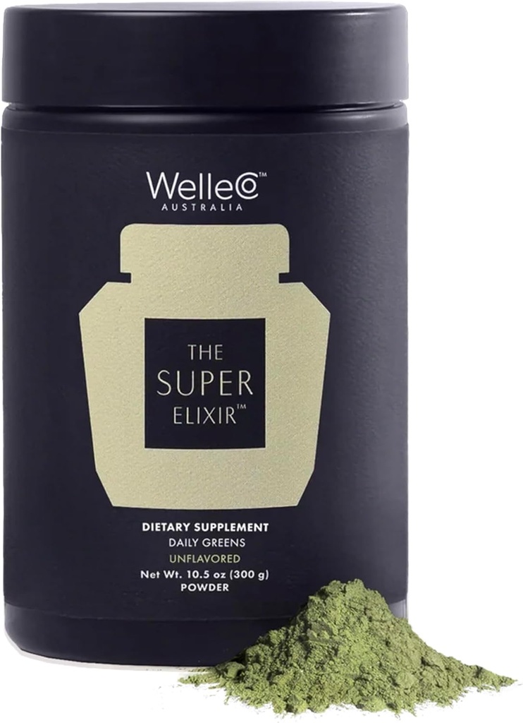 WelleCo Το Super Elixir Daily Greens Powder, Probiotic Drink Mix με ολόκληρα τρόφιμα, χωρίς γλουτένη, Vegan Gut Health Powder, Energy, Immunity, Healthy Skin, Hair & Nails (300g, Unflaved) Jar