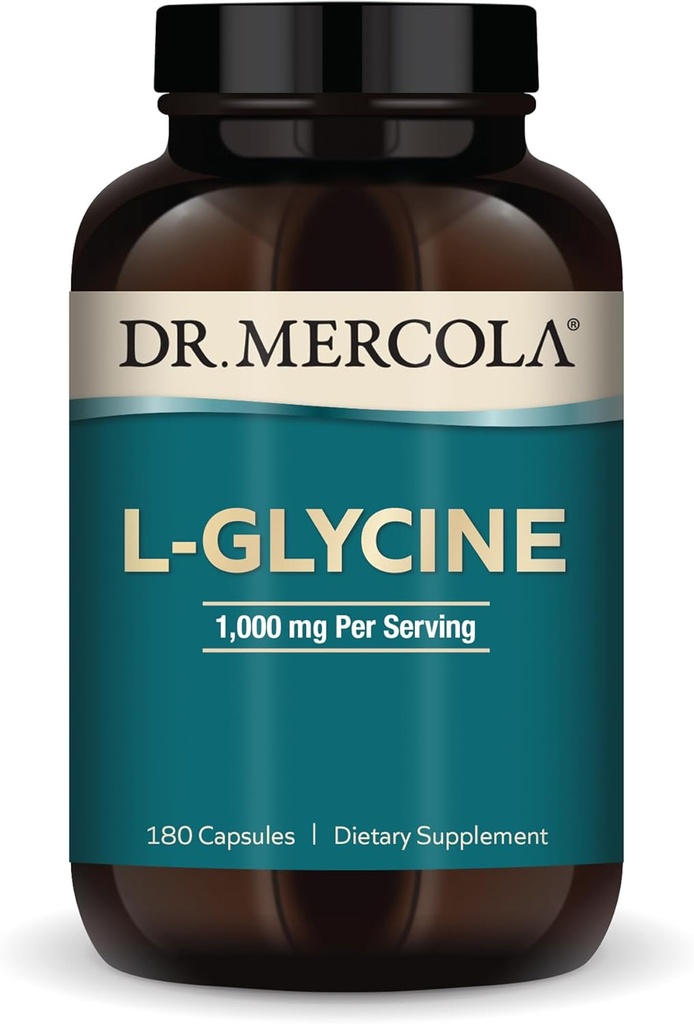 Dr. Mercola L-Glycine - Aids Production of Glutathione & Collagen - Supports Heart, Brain, Digestion, Metabolic & Immune Health - Non-GMO, Gluten-Free & Soy-Free - 180 Capsules (90 Servings)