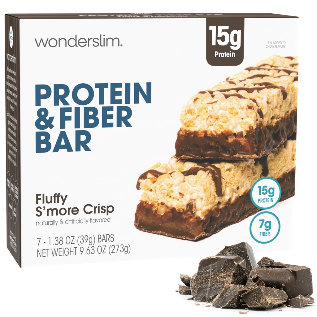 Wonderslim High Fiber Protein Bars, Fluffy S'more Crisp | 15g Protein, 8g Fiber | Low Sugar, Low Carb | Sağlıklı Indulgence | Satisfying, Supports Energy & On-Go Convenience, 7 Pack