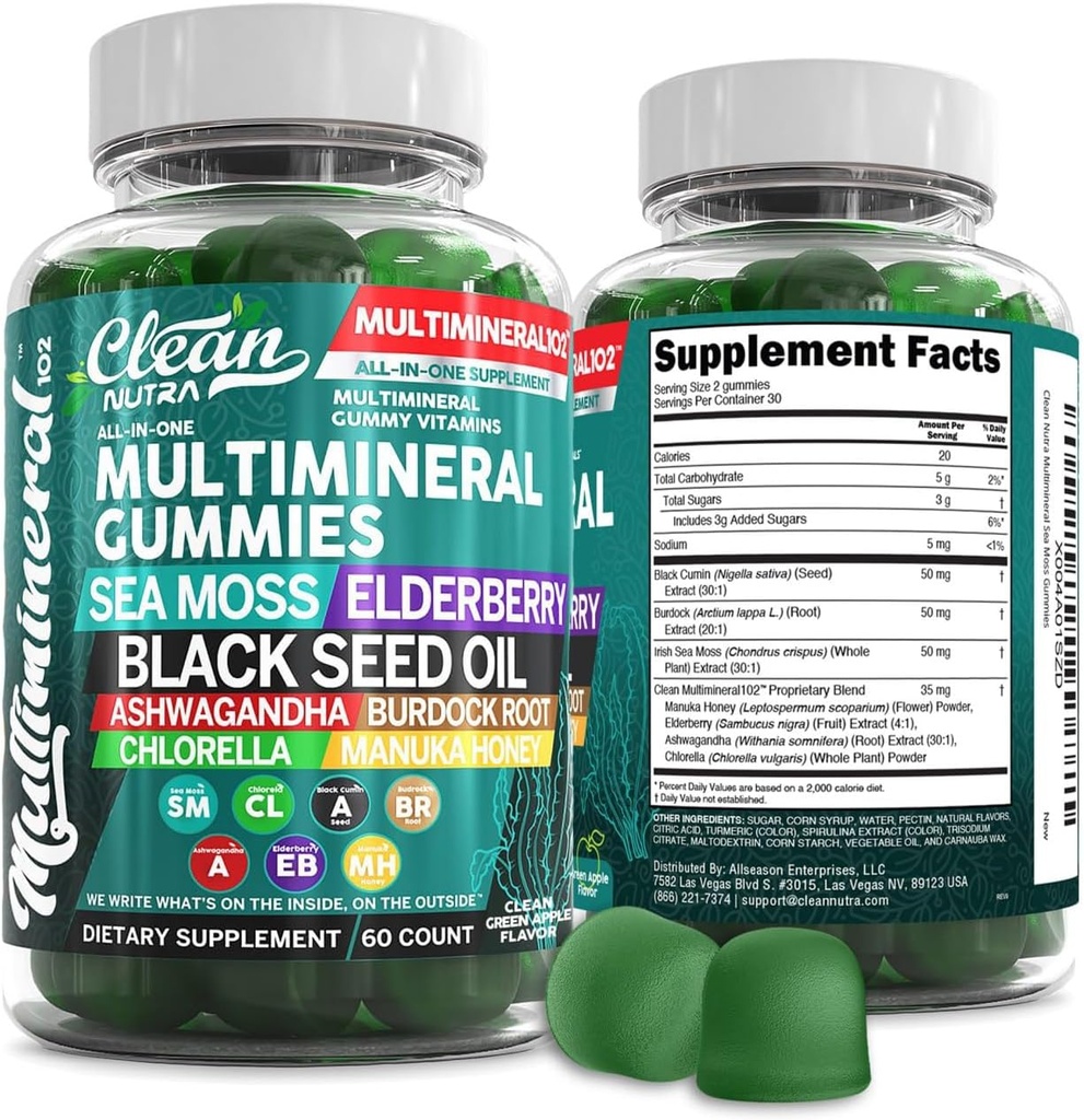 Deniz Moss Gummies | Klinik Olarak Test Edildi - Siyah Tohum Yağı Ashwagandha Elderberry Burdock Root Chlorella Manuka - Vegan İrlandalı Deniz Moss Gummy Yetişkin Çocuklar için Vitaminler - Yeşil Apple Flavor