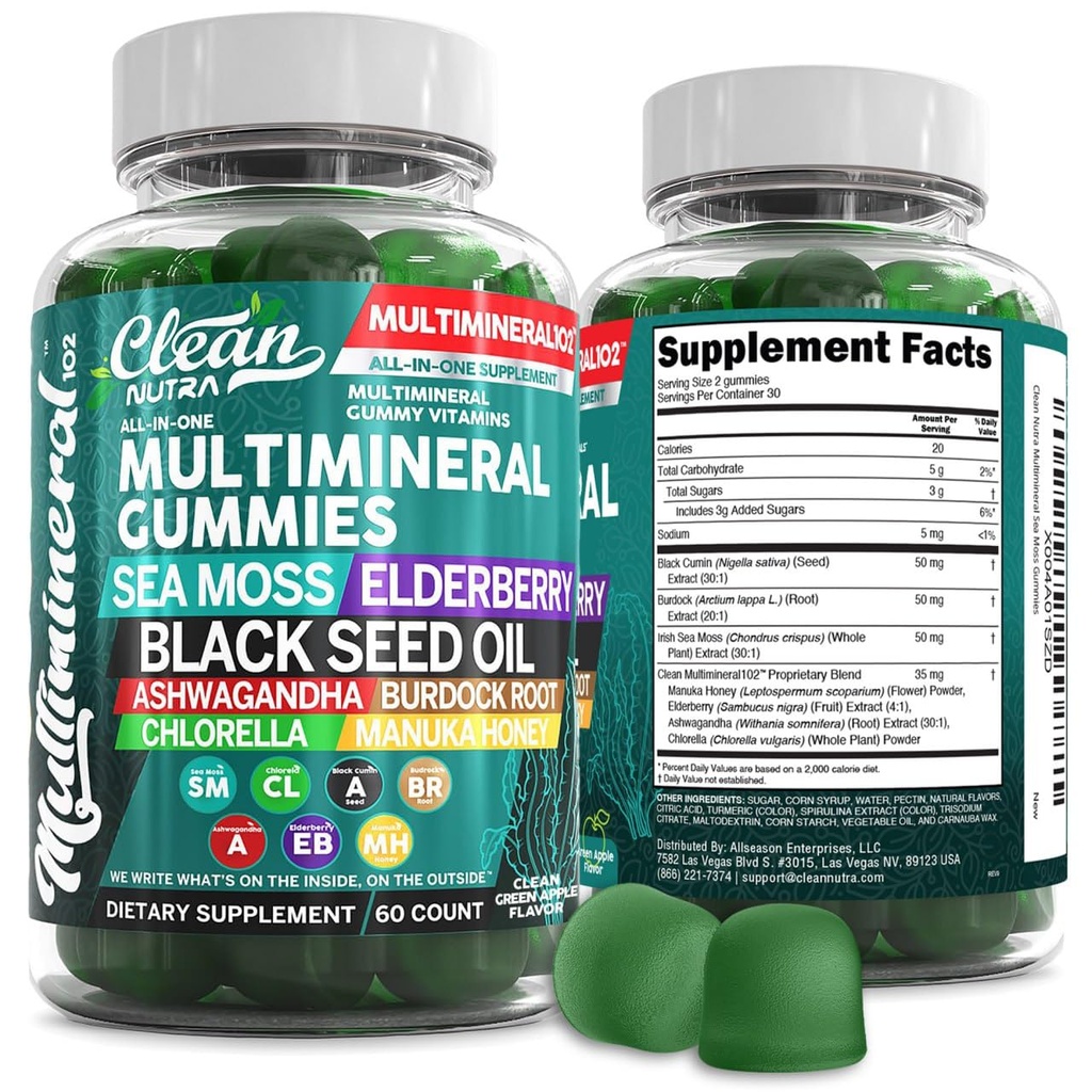 Deniz Moss Gummies | Klinik Olarak Test Edildi - Siyah Tohum Yağı Ashwagandha Elderberry Burdock Root Chlorella Manuka - Vegan İrlandalı Deniz Moss Gummy Yetişkin Çocuklar için Vitaminler - Yeşil Apple Flavor