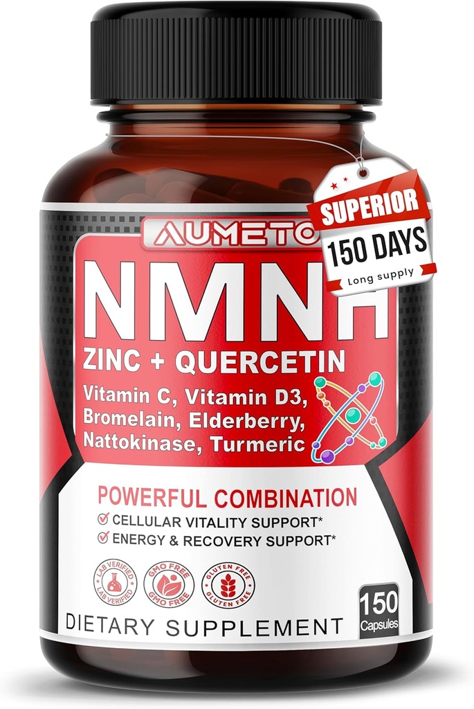 NMNH 600 mg ile çinko, Quercetin, Vitamin D3, Elderberry & Nattokinase – Daily Cellular Wellness & Health Aging Support – 150 Capsules – ABD'de Gerçekleştirilmiş
