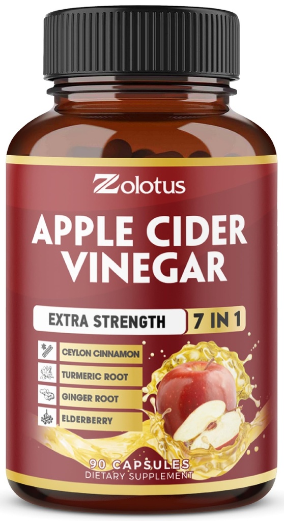 Zolotus 7 1 Apple Cider Vinegar Capsules, 3 Moon Supply with Ceylon Cinnamon, Ginger Root, Turmeric, Elderberry for Supports Digestion, Immune, 90 Capsules