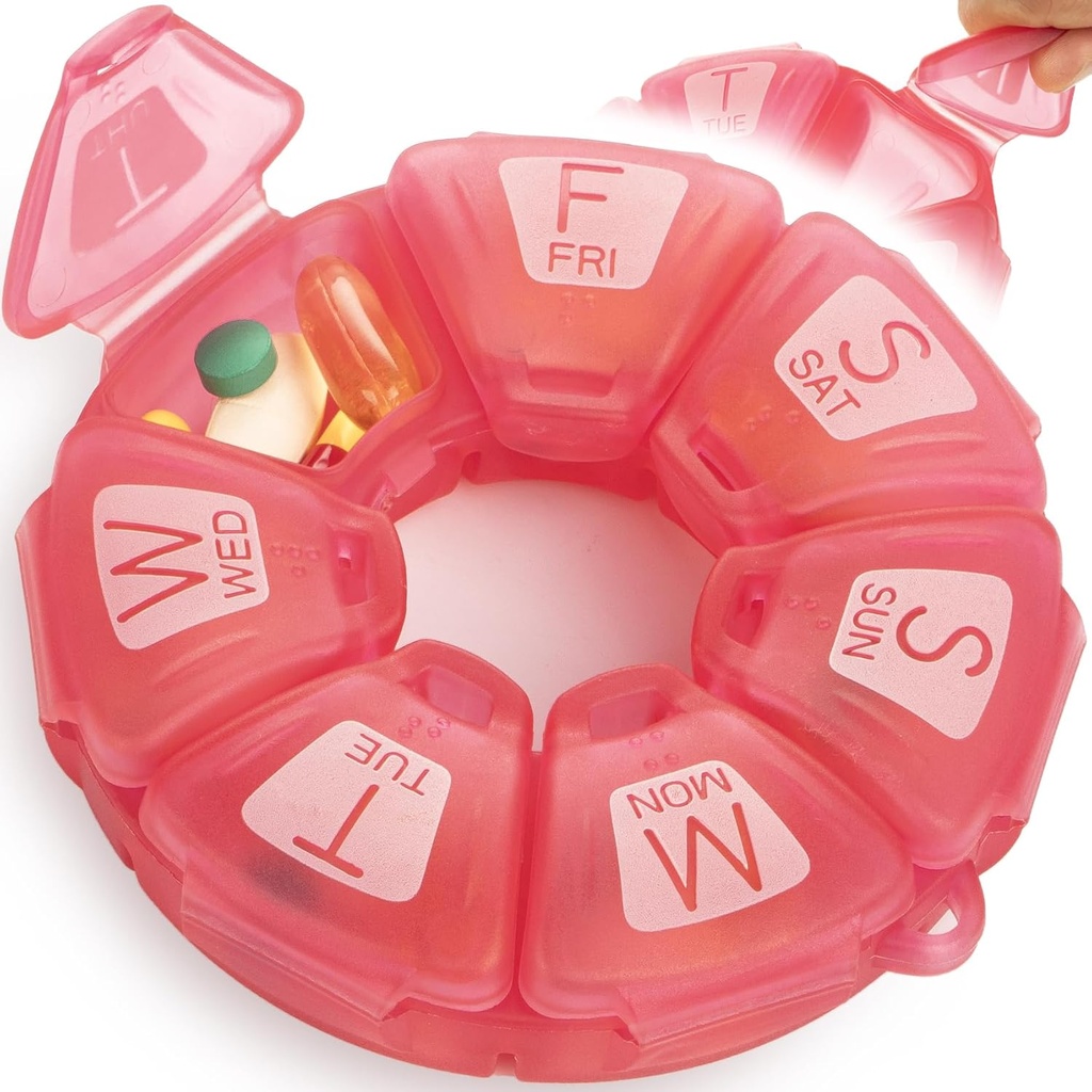 Round Weekly Pill Organizer, Teethized, Travel Pill Container 7 Day, 7 Büyük Karşılaştırmalı, Günlük Vitaminler ve Tamamlar için Büyük, Büyük Mektuplar ve Braille (Rose)
