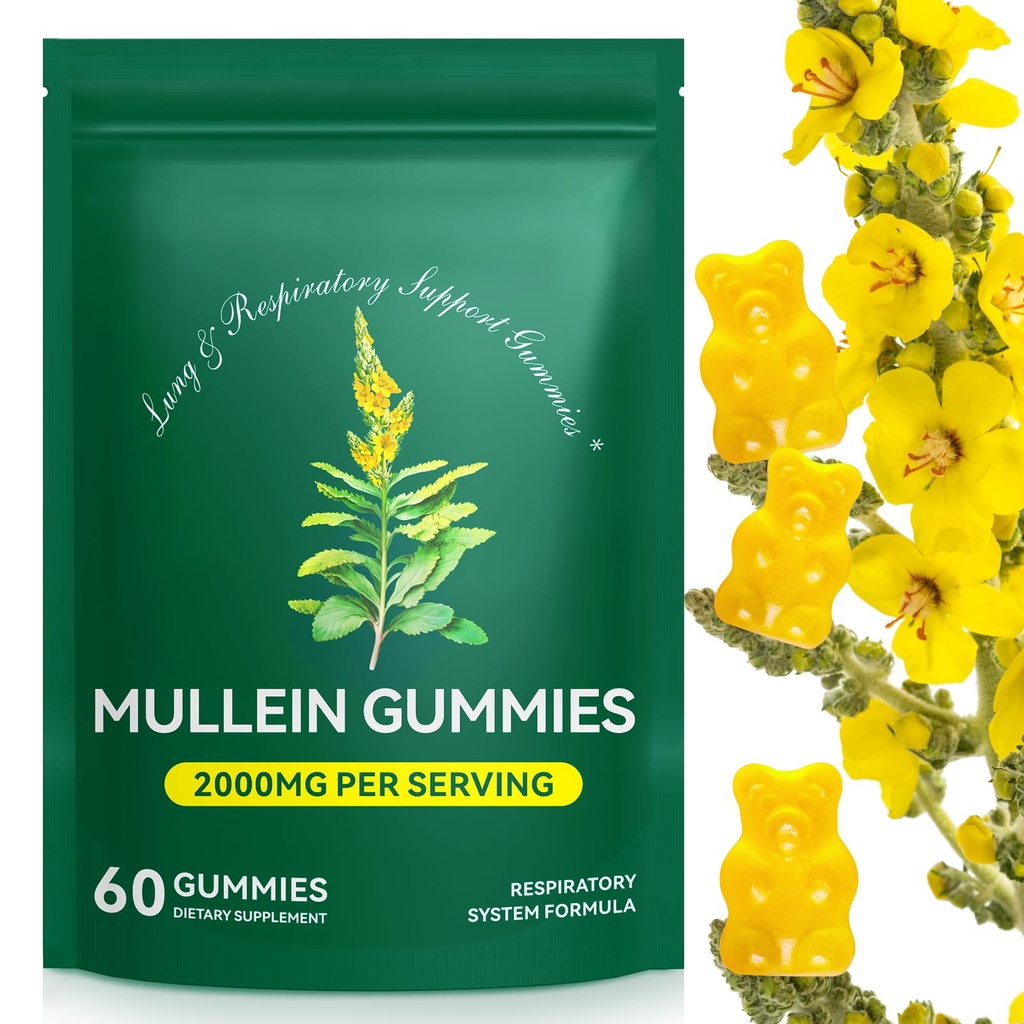 Lung Detox için Mullein Gummies, 2000 mg Mullein Leaf Extract for Respiratory & Digestive & Immune Support, Organik Mullein Herb Supplement for Mucus Relief for Respiratory, Immune, Vegan 60 Gummies