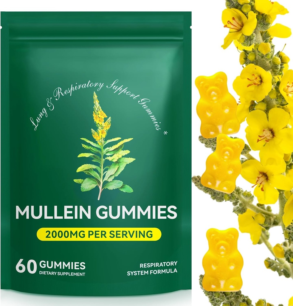 Mullein Gummies για το Lung Detox, 2000mg Mullein Leaf Extract για την αναπνευστική & πνευστική & ανοσοποιητική υποστήριξη, Βιολογικό συμπλήρωμα βοτάνων Mullein για την ανακούφιση των βλεννογόνων για το αναπνευστικό, ανοσοποιητικό, Vegan 60 Gummies