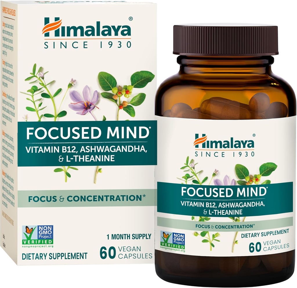 Himalaya Ashwagandha, Bacopa & L-Theanine for Focus, Energy and Care, 60 Capsules, 1 Ay Supply, Vegan, Gluten Free