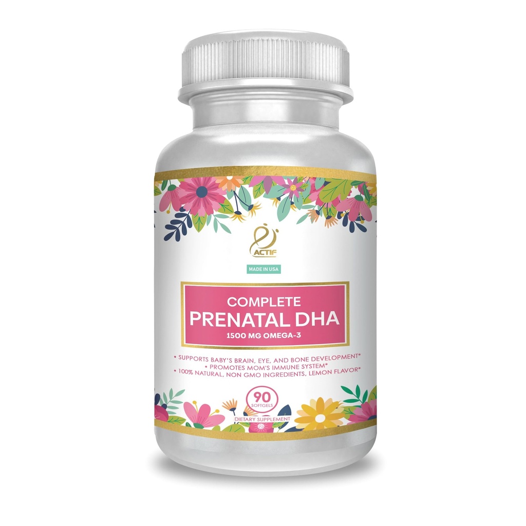 ACTIF Πλήρης προγεννητική DHA με 1500mg Ωμέγα-3, 100% φυσικό, οργανικό DHA, EPA – Μη ΓΤΟ, 90 κόμης
