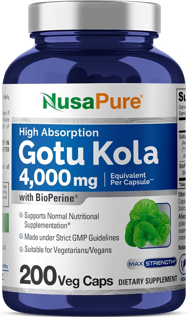NusaPure Gotu Kola Capsules 20:1 Ekstraksiyon, 200 mg Veggie Caps, 200 Kont, Non-GMO, Vegan, Bioperine - Geleneksel Herb Ekstraksiyon