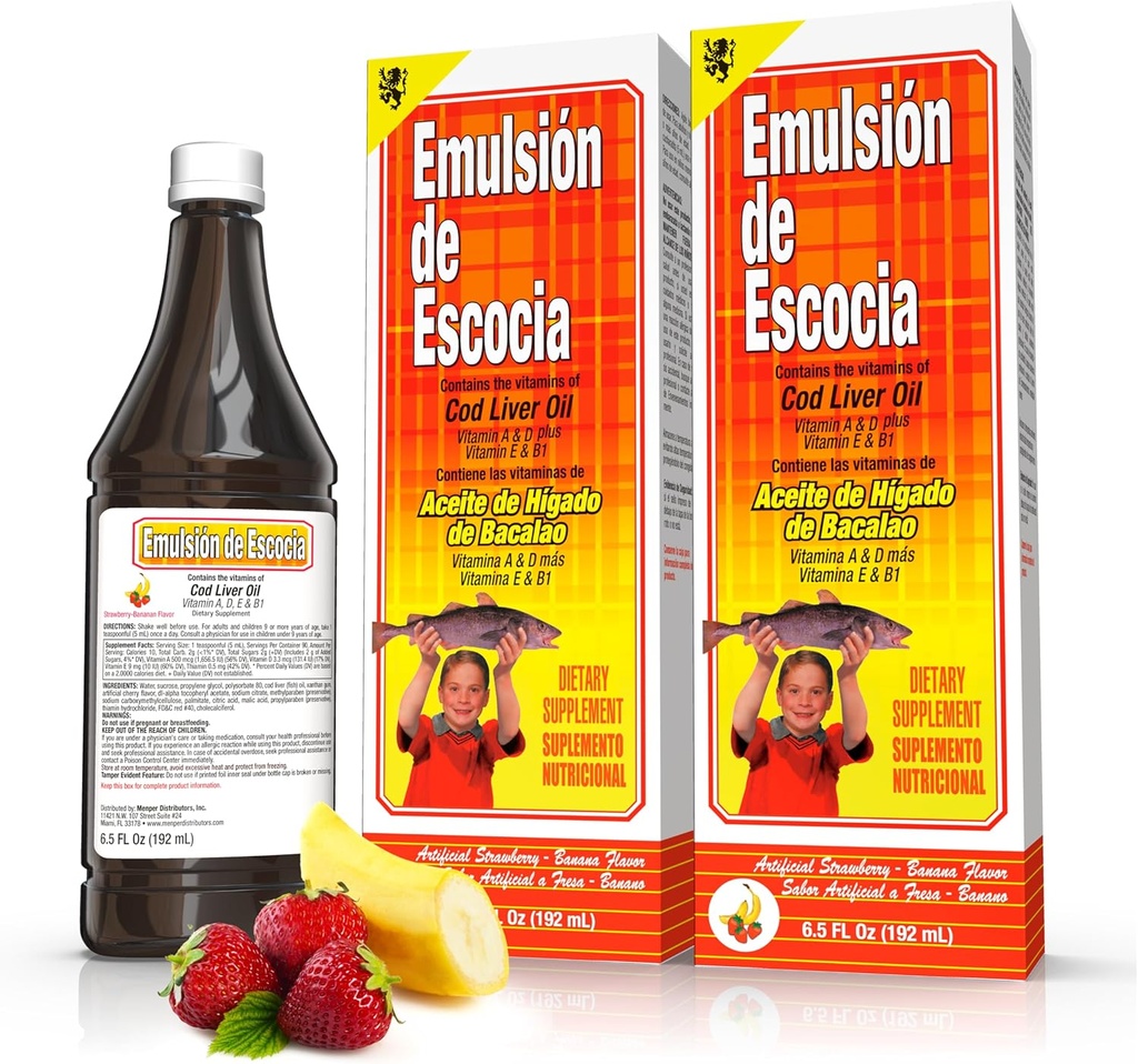 Emulsión de Escocia Cod Liver Oil Liquid Supplement with Vitamins A, D, E & B1 - Doğal Fish Oil Omega 3 for Kids & Yetişkinler - Delicious Strawberry Banana Flavor - 6.5 oz (2-Pack)